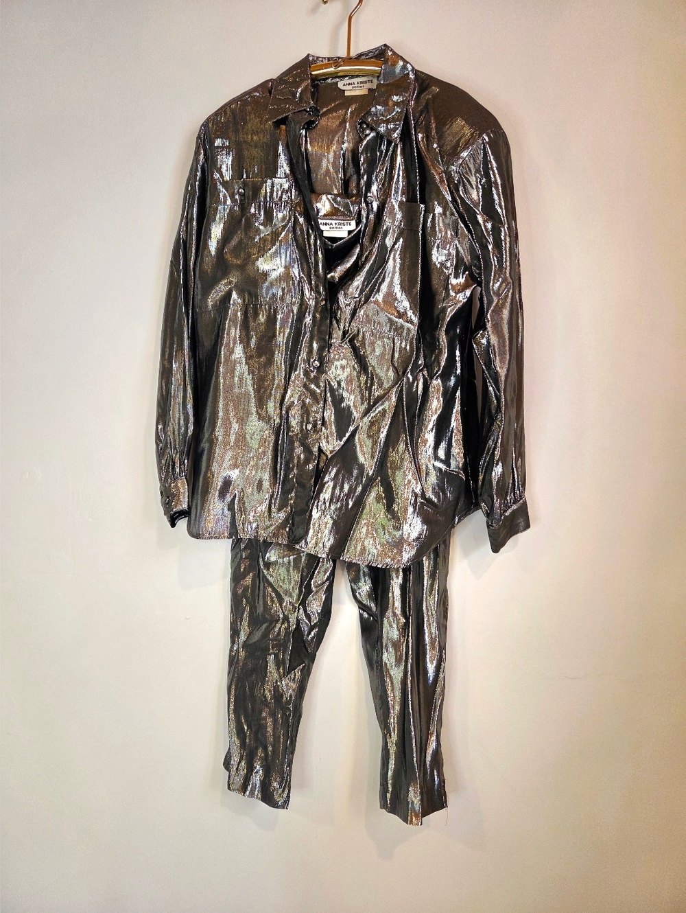 Anna Kriste Vintage 80s 90s Metallic Silver 3 Piece Set Disco Liquid Metal Sz 10